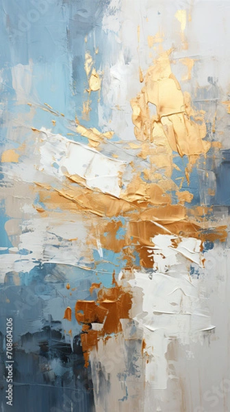 Fototapeta Abstract background in the style of textured painting with bold blue and gold brushstrokes on canvas. Artwork style oil or acrylic smears. Contemporary trendy cover, design, interiors picture, header