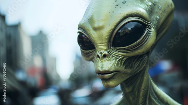 Obraz Humanlike aliens with a green body color and large black eyes walking around a city in the united states, they are fitting in like ordinary people