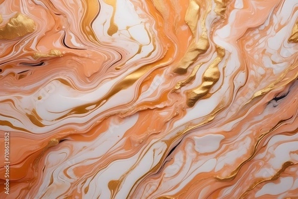 Fototapeta Abstract background of acrylic paint in orange and white tones. Liquid marble pattern