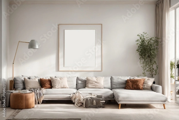 Fototapeta A modern living area with clean white walls frames a blank canvas. As you create your own interior design with a Scandinavian influence and a gorgeous artwork on show, picture the possibilities.