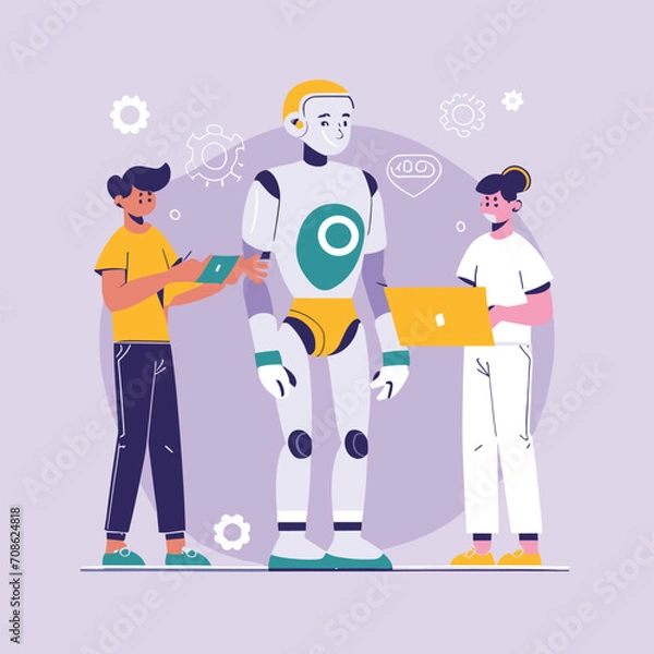 Fototapeta 2d vector illustration colorful technology , ai robot making jobs helping people colorful design