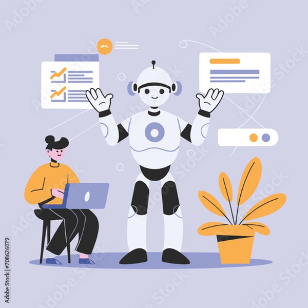 Fototapeta 2d vector illustration colorful technology , ai robot making jobs helping people colorful design