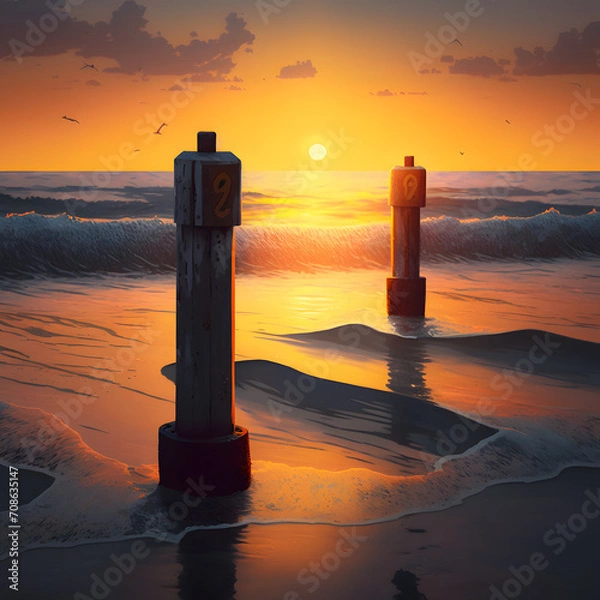 Obraz bollards in the surf at sunset