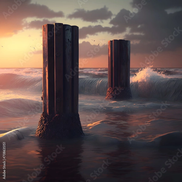 Obraz bollards in the surf at sunset