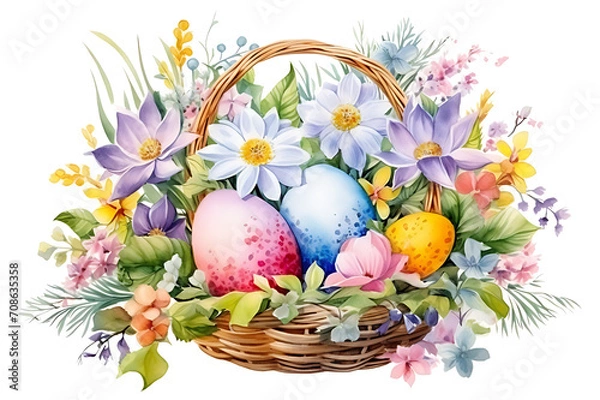Fototapeta watercolor realistic painting easter eggs and rabbit in basket of pastel flower garden on white background.