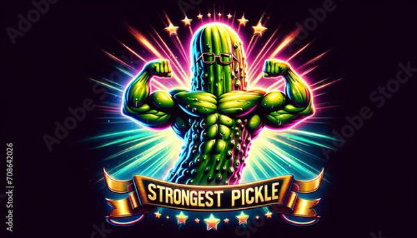 Fototapeta A pickle designed as a muscular bodybuilder, flexing its muscles dramatically, centered in the image. The illustration is in anime style