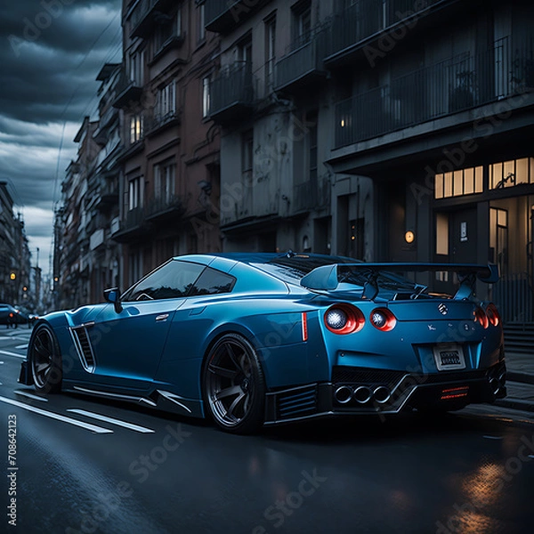 Fototapeta a person driving nissan gtr latest model in tokyo city. the car is of blue color and the finishing of the color is very shiny. the tires rim are in red color and the road color is very dark. sky is cl