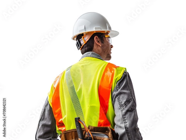 Fototapeta Construction worker in high-visibility vest and helmet, rear view, transparent PNG, ideal for safety and industrial designs.