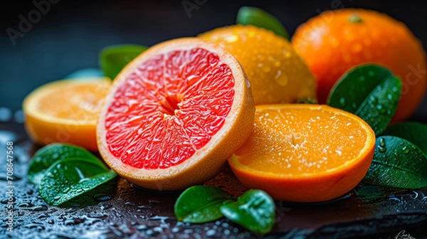 Obraz Close-up of grapefruit and oranges with leaves and  juice drops.