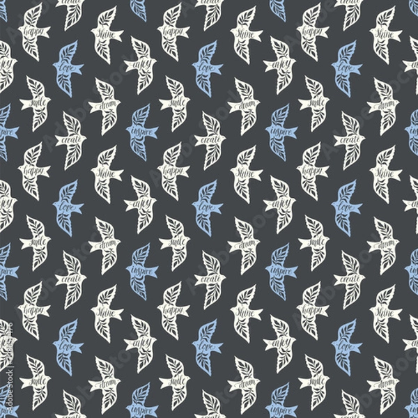 Fototapeta Fun birds inspirational words hand lettering seamless pattern. Decorative folk bird seamless texture
