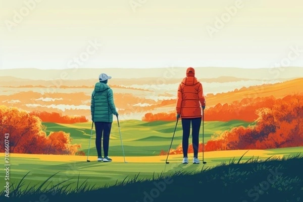 Obraz Nordic walking in the mountains. Vector illustration in retro style.
