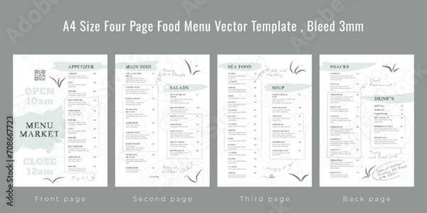 Fototapeta Restaurant cafe menu, template design, A4 size four page food menu template, Bleed 3mm
