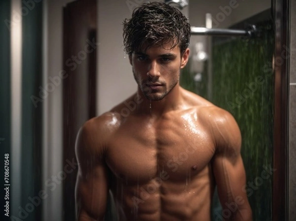 Fototapeta Shirtless Man Standing in Front of Shower. Generative AI.