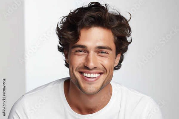 Fototapeta Generative AI crafts diverse descriptions for a studio portrait: Handsome young Caucasian man, perfect teeth, joyously laughing, against a white backdrop