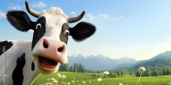 Obraz Cow looking surprised from side at farm pasture big eyes and horns cartoon moo 3d rendering funny illustrated cattle animal generative ai