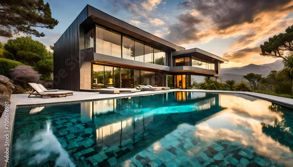 Obraz Contemporary house with pool, Modern exterior of a luxury villa in a minimal style.