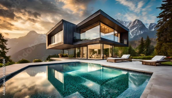 Obraz Contemporary house with pool, Modern exterior of a luxury villa in a minimal style.