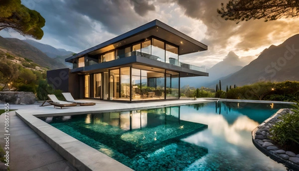 Obraz Contemporary house with pool, Modern exterior of a luxury villa in a minimal style.