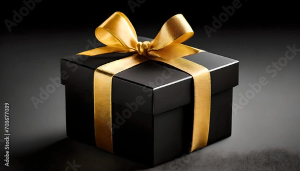 Obraz 3d black gift box with gold wrapping ribbon.