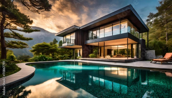 Obraz Contemporary house with pool, Modern exterior of a luxury villa in a minimal style.