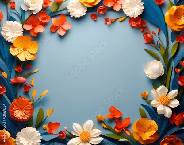 Fototapeta Round floral frame with a composition of fantasy paper flowers. Background for the inscription