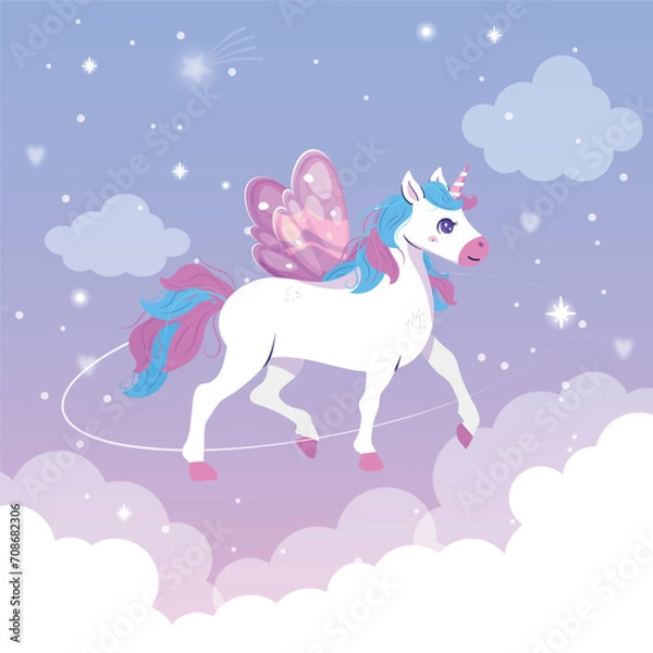 Fototapeta Unicorn in the clouds. Happy Unicorn and stars.  Cute cartoon happy character unicorn vector illustration. Happy Valentine's day! Kid invitation with unicorn, rainbow, star, heart. 