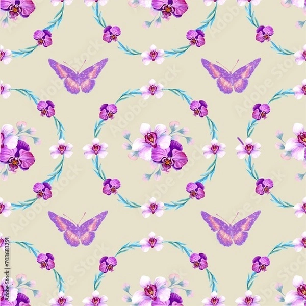 Fototapeta seamless floral pattern with pink butterflies