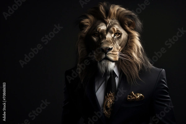 Fototapeta Elegantly dressed person with lion head on a solid dark background