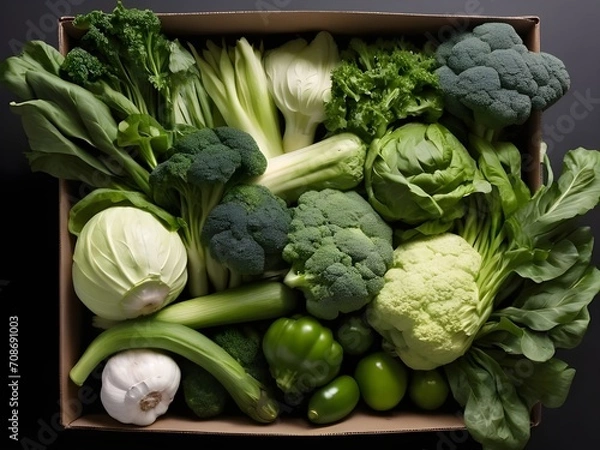 Fototapeta There are many vegetables packed in a green box. Black background. Generative AI
