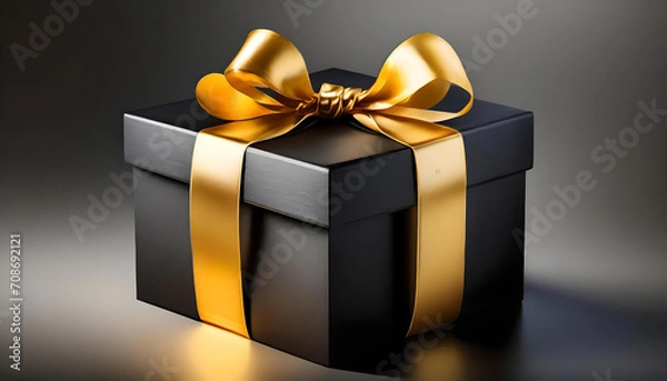 Obraz 3d black gift box with gold wrapping ribbon, gift box with ribbon present package.