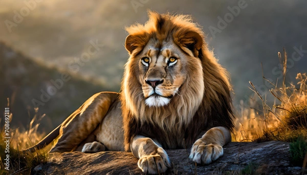 Obraz A close up of a lion lying on the ground with its front paws on the ground.