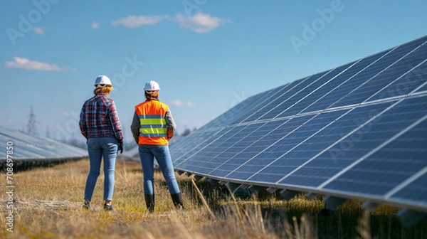 Fototapeta Two construction workers inspecting a damaged solar panels. Woman working Solar Energy Across the Modern World, Transformative Sustainable Solutions. Technology and Exemplary Sustainable Practices.