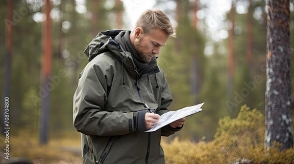 Fototapeta A Caucasian male forester walks around his territory and checks the safety of the trees.