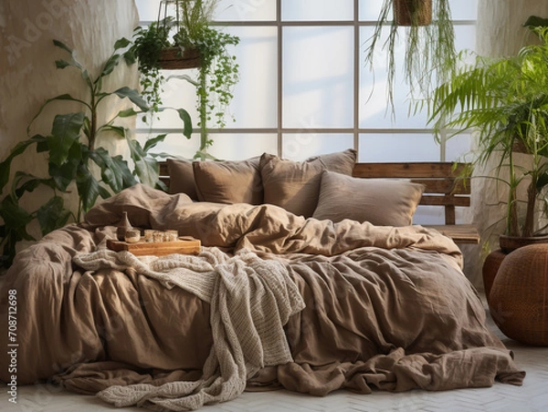 Fototapeta cozy room with a bed and sofa with brown cushions and decoration