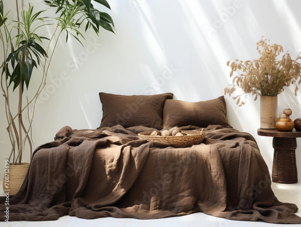 Fototapeta cozy room with a bed and sofa with brown cushions and decoration