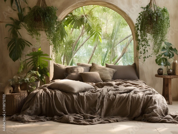 Fototapeta cozy room with a bed and sofa with brown cushions and decoration