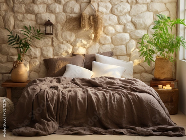 Fototapeta cozy room with a bed and sofa with brown cushions and decoration