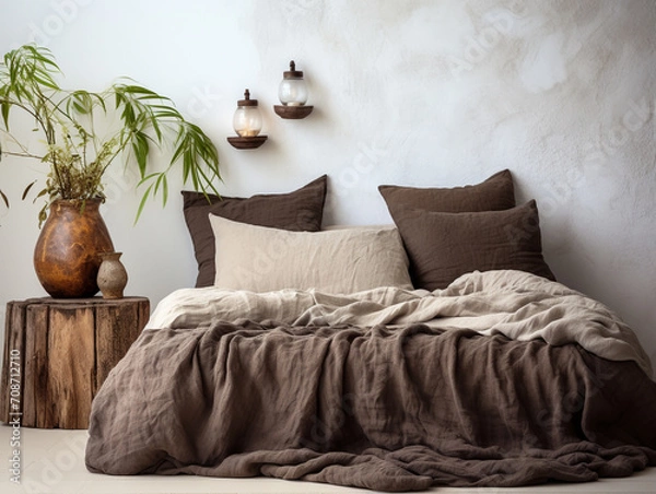 Fototapeta cozy room with a bed and sofa with brown cushions and decoration