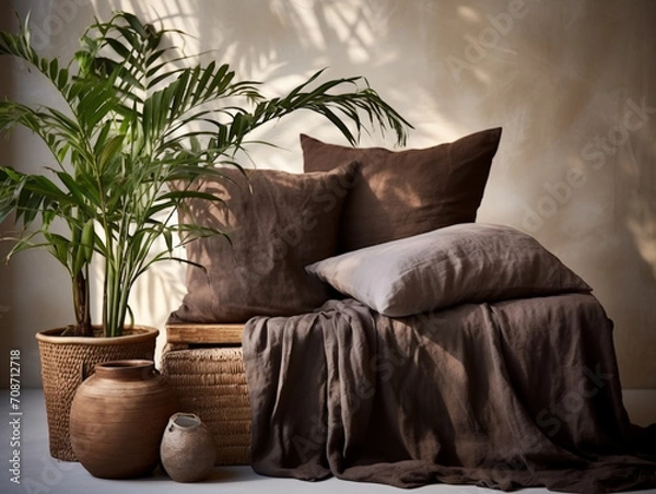 Fototapeta cozy room with a bed and sofa with brown cushions and decoration