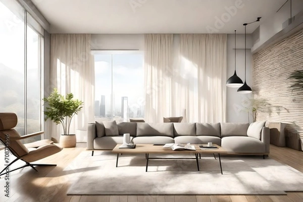 Obraz A minimalist living room with sleek furniture, bathed in natural light, highlighting modern design elements.