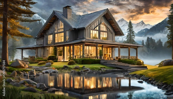 Obraz A gray ranch-style model house, farmhouse on meadow hill.