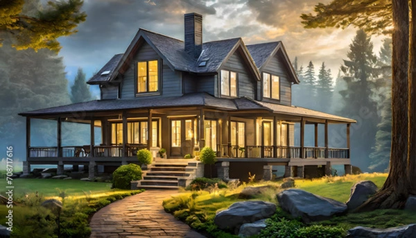 Obraz A gray ranch-style model house, farmhouse on meadow hill.