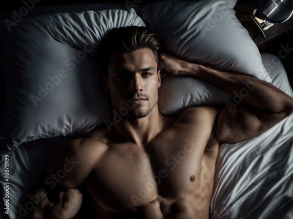 Fototapeta Man Lying in Bed Without Shirt, Relaxed and Comfortable. Generative AI.