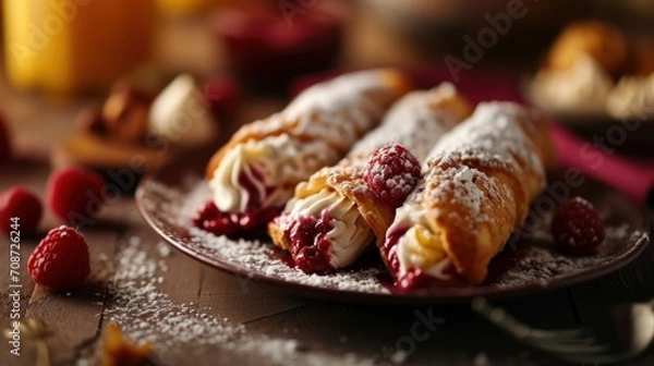 Fototapeta  a plate topped with crepes covered in powdered sugar and raspberries next to a glass of orange juice and a glass of orange juice in the background.