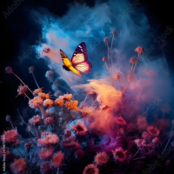 Fototapeta Glowing butterflies from paper on a dark background with warm smoke in some pretty colors