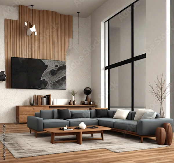 Fototapeta Minimalist interior design of modern living room with chair,sofa cushions,coffee table.Generative AI