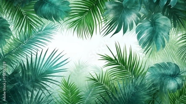 Fototapeta Copy Space of Tropical Palm Tree Leaves Border with White Background