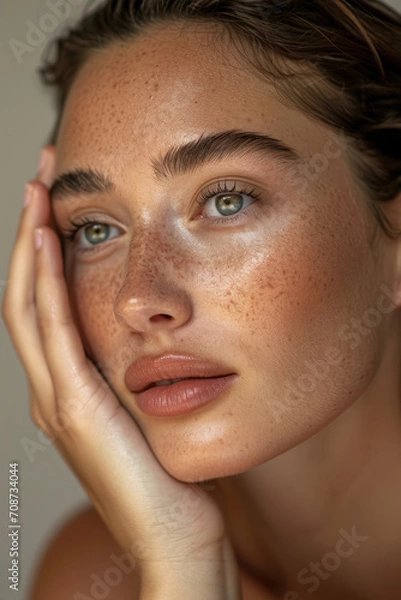 Fototapeta closeup of beauty natural scandinavian brunette woman with freckles natural skin for skincare mask salon commercial advertisement with studio light looking at camera in editorial magazine copy space