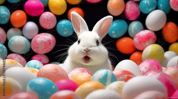 Obraz White Easter rabbit with a surprised and joyful expression among colorful Easter eggs. Ideal for holiday-themed promotions and spring event decorations. Festive bunny