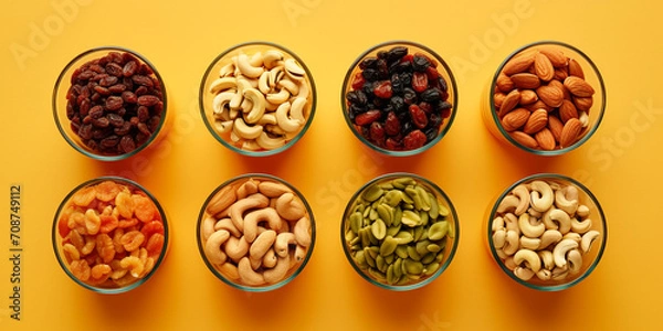 Fototapeta Top view of mixed nuts and dried fruits on a light yellow background. Glass bowls with peanuts, cashews, hazelnuts, almonds, pumpkin seeds, raisins, dried apricots. Healthy nutrition concept